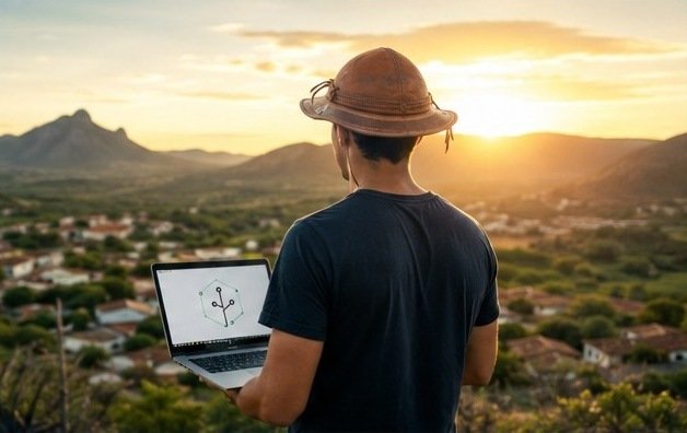 Empreendedor usando um notebook diante da paisagem do Sertão ao pôr do sol
